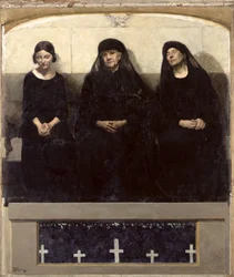 Drei Frauen trauern um einen Verlorenen, Mitteltafel des Triptychons „Gedenken an die Toten“, ca. 1918
